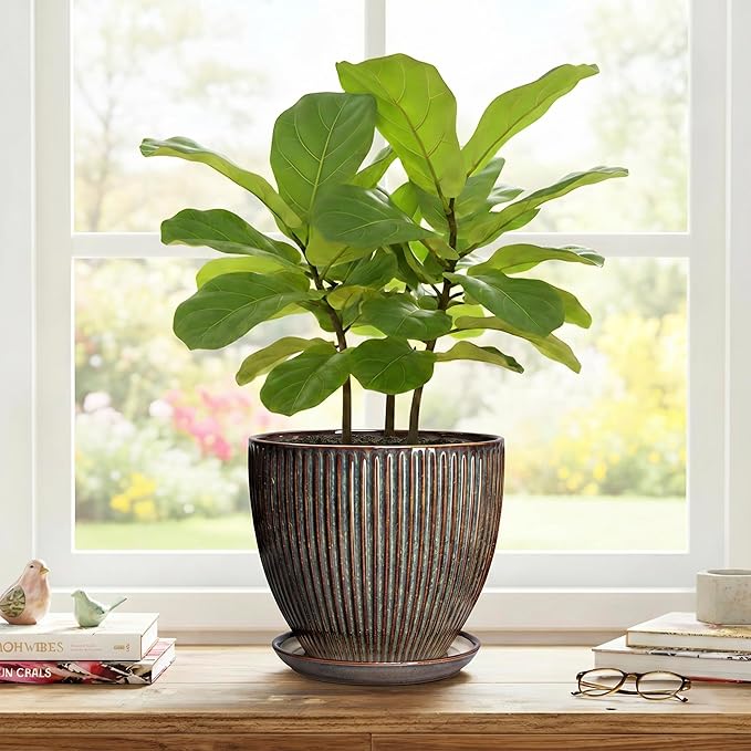 Ceramic Planter, 8 Inch Plant Pots for Indoor Plants, Round Planter with Drainage Hole and Saucer, Modern Decorative Flower Pots, House Office Decor, Gifts for Plant Lovers, Retro Brown