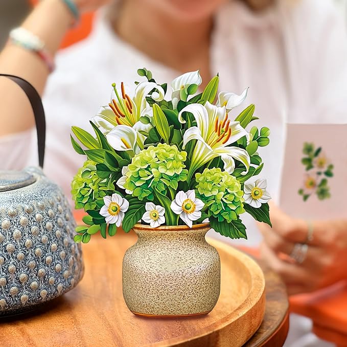 Freshcut Paper Pop Up Cards, Mini Ivory & Sage, 6 Inch Mini Sized Forever Flower Bouquet 3D Popup Greeting Cards, Birthday Cards, Get Well Gifts, Blank Notecard & Envelope
