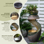 31.9" Outdoor Water Fountain with Lights – S-Shaped Water Feature Outdoor Modern Resin Waterfall Feature with Bowl Planter, Decorative Garden Fountain for Patio Balcony Porch Yard, Gold
