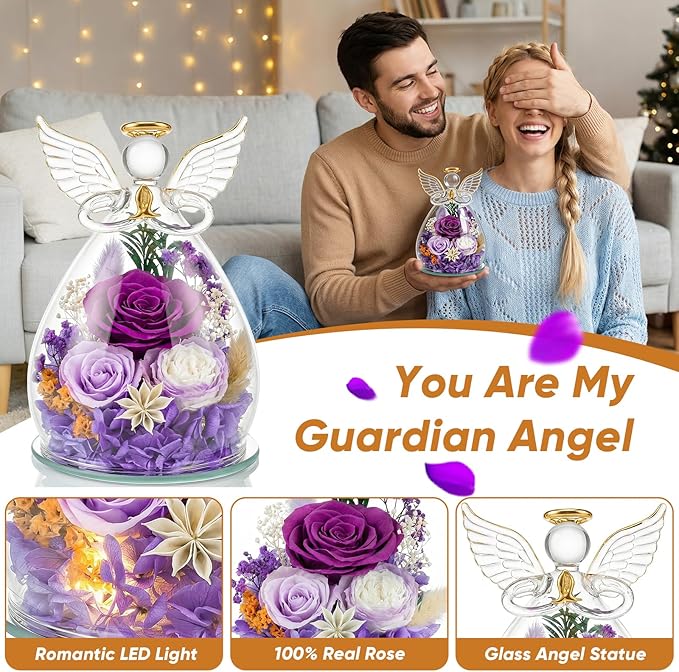 Preserved Rose in Glass Angel Figurine, for Mom/Wife/Grandma, Forever Flowers Rose Anniversary, Graduation or Birthday Gifts for Women Her