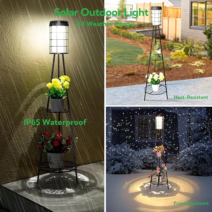 Solar Floor Lamps with Metal Tripod Plant Stand, 45.4 inches Waterproof Solar Powered Outdoor Lights for Patio, Porch, Deck, Yard, Garden Decor (2 Pack)
