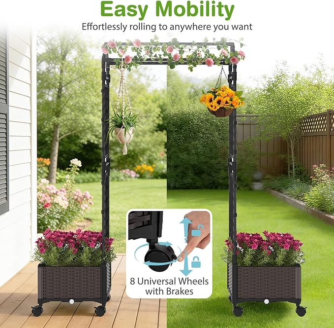 Giantex Planter Boxes with Arch Trellis, 5FT Self-Watering Tall Raised Garden Bed w/Wheels, Hanging Roof & Drainage Holes, Outdoor Indoor Tomato Planter for Climbing Vines Vegetables (61"x16"x64")