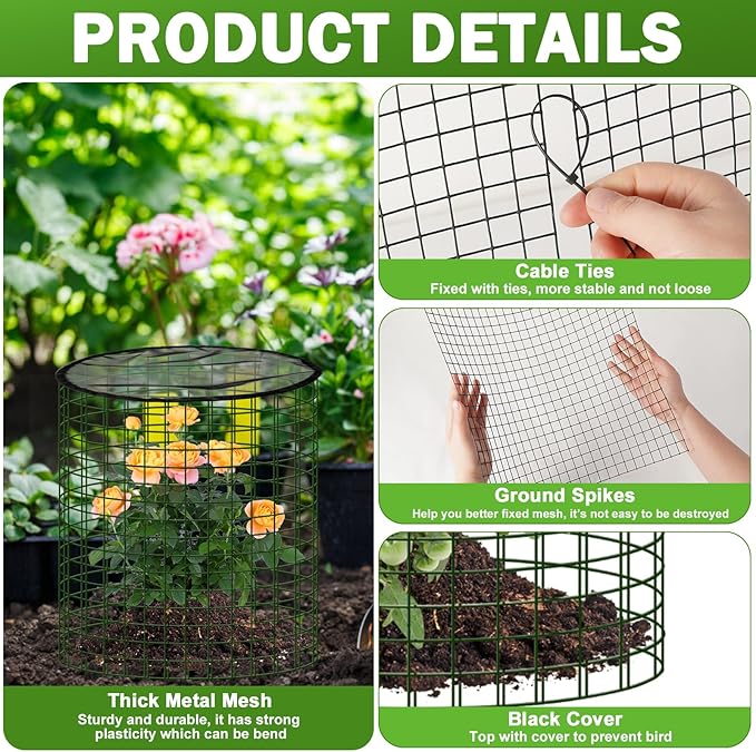 Plant Protector from Animals with Detachable Covers - 4 Pack 16”x 16" Wire Cage Cloches with Ground Stakes and Tools for Protecting Vegetable, Flower, Seedling