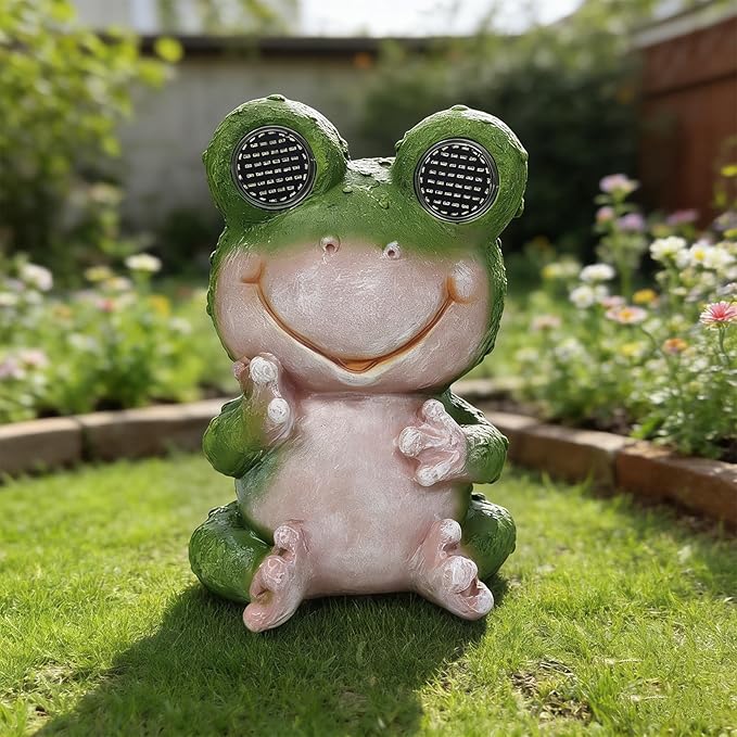 Solar Frog Garden Statue with Rotating LED Eyes Waterproof Resin Outdoor Decor, Auto On/Off Landscape Lighting for Garden, Yard, Pathway, Fence, Patio - Unique Gifts for Women, Mom, Grandma