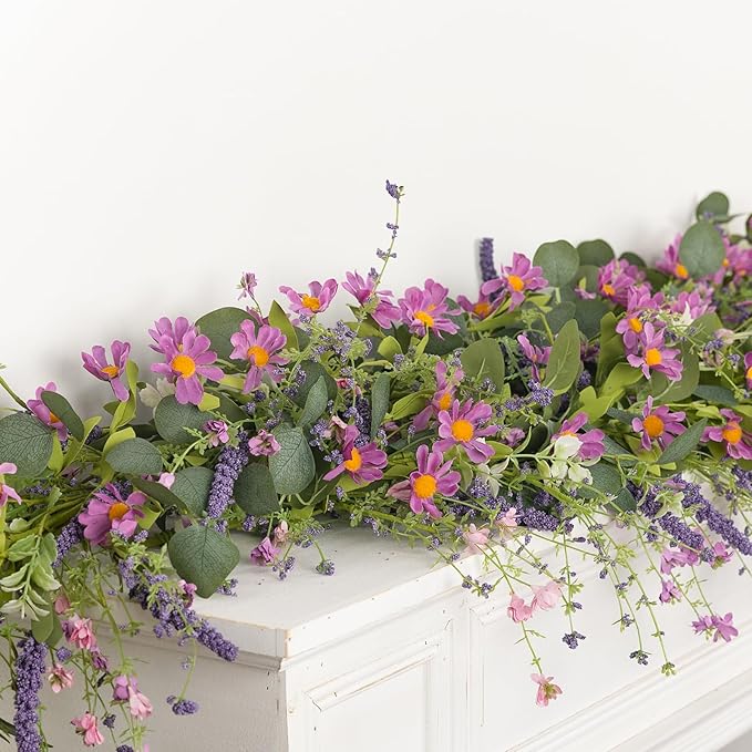 6ft Spring Flower Garland Faux Eucalyptus Greenery with Lavender Purple Daisy Wild Berry Artificial Vine for Easter Wedding Arch Decor Baby Shower Garland Mantle Table Centerpiece