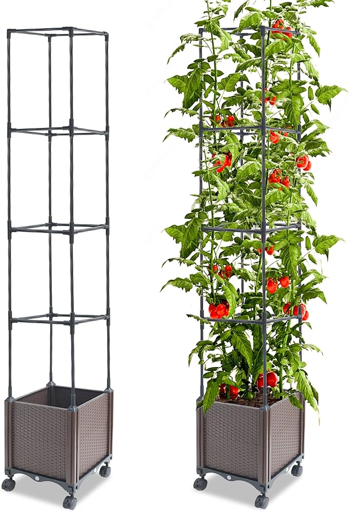 Quibbay Raised Garden Bed Planter Box with Trellis, 62.2" Self-Watering Tomato Planters for Climbing Plants Vine Flowers Outdoor Patio, Tomatoes Cage with Trellis Wheels for Outdoor, 1Pack