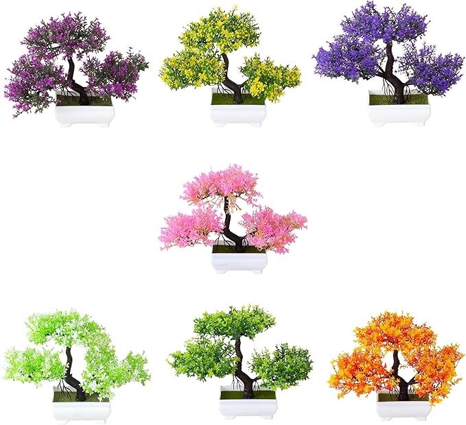 Mini Artificial Bonsai Tree Plants Artificial Plant Welcome Pine Tree with Plastic Cement Pots for Home Office Décor (Yellow)