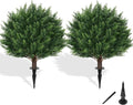 Grooy Artificial Cypress Topiary Tree with Ground Spike, Set of 2 Artificial Shrub Bushes, Fake Evergreen Tree for Porch, Artificial Plants for Outdoor Planters Indoor UV Resistant