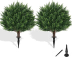 Grooy Artificial Cypress Topiary Tree with Ground Spike, Set of 2 Artificial Shrub Bushes, Fake Evergreen Tree for Porch, Artificial Plants for Outdoor Planters Indoor UV Resistant