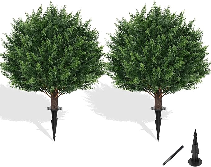 Grooy Artificial Cypress Topiary Tree with Ground Spike, Set of 2 Artificial Shrub Bushes, Fake Evergreen Tree for Porch, Artificial Plants for Outdoor Planters Indoor UV Resistant