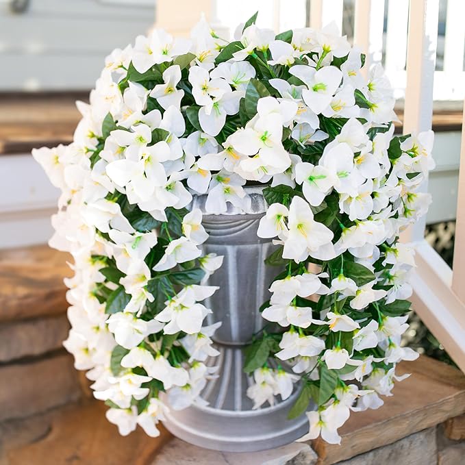 HyeFlora Bougainvillea Artificial Hanging Flowers Plants for Outdoors Decoration, 2pcs White Fake Flowers Silk Bougainvillea Vines Realistic UV Resistant Faux Flowers for Outdoor Planters Patio Yard