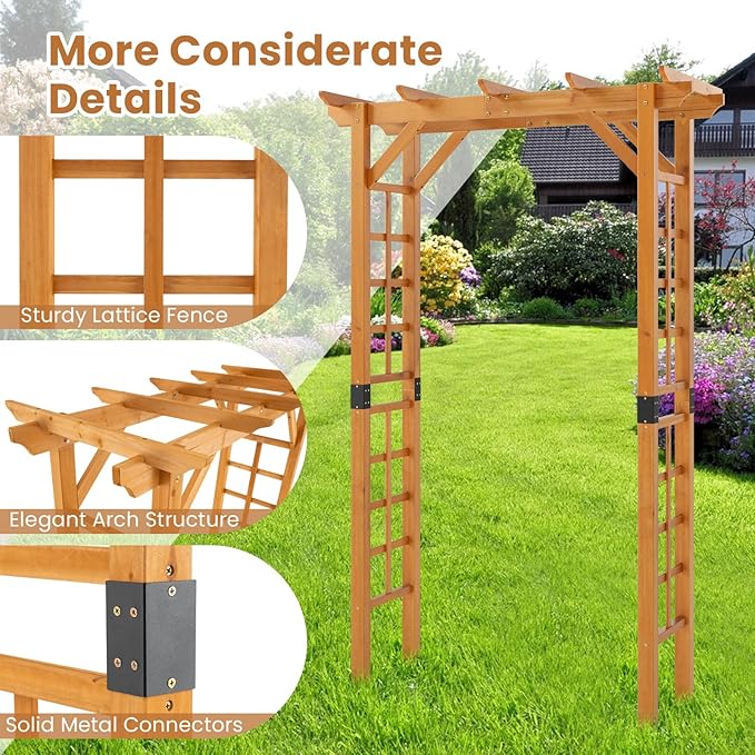 Giantex 7FT Wood Garden Arbor Trellis, Wooden Wedding Arch for Ceremony Party, Outdoor Archway Pergola for Climbing Plants, Pathway, Yard, Garden Decor, Easy Assembly (Honey Brown, 55''W x 85''H)