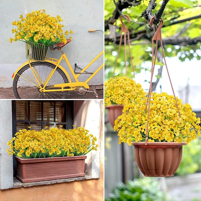 Ouddy Decor 24 Bundles Artificial Flowers for Decorations Fake Silk Plants for Outdoor Indoor UV Resistant Faux Plastic Greenery Stems for Window Garden Porch Home Spring Summer Decoration, Yellow