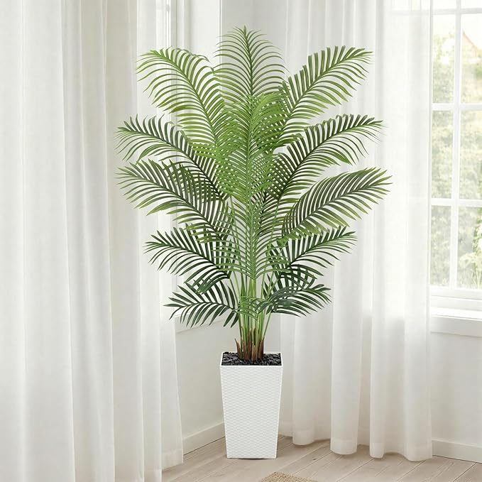 6ft Artificial Palm Tree with White Planter - Tall Fake Palm Tree Indoor Fake Tropical Plant for Home Office Living Room Bedroom Modern Decor