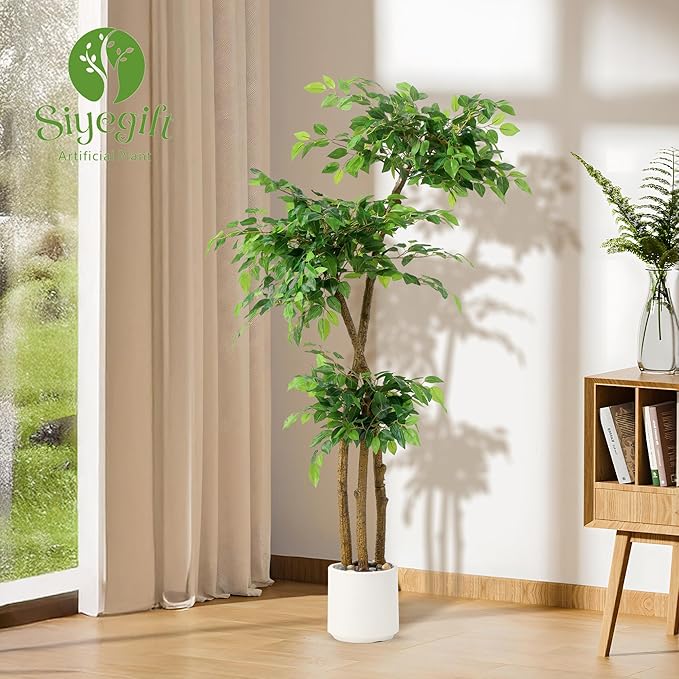 5FT Artificial Ficus Tree with White Planter and Pebbles,Faux Silk Tree with Lifelike Leaves and Realistic Trunk,Tall Fake Potted Plant for Home and Office Décor Indoor and Outdoor (5FT)