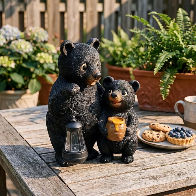 Lavezee Garden Bear Statues 8.9‘’, Mother and Baby Bear Figurines with Solar Lantern for Outdoor Porch Yard Lawn, Unique Bear Gifts for Mom Grandma Women