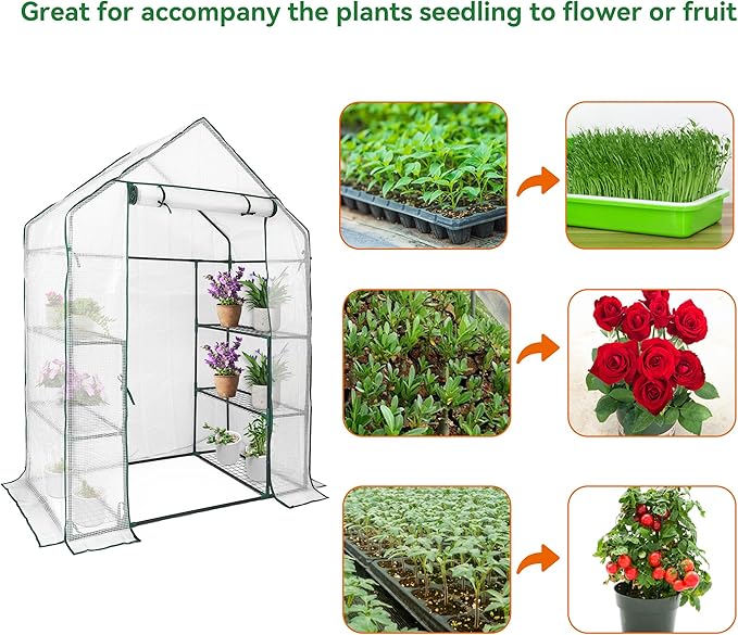 Heyfurni Walk in Greenhouse with 3 Tier 6 Shelves,2 More Bottom Shelves Reinforced Plant House, Growhouse/Green House for Outdoor,PE Cover 143x73x195cm