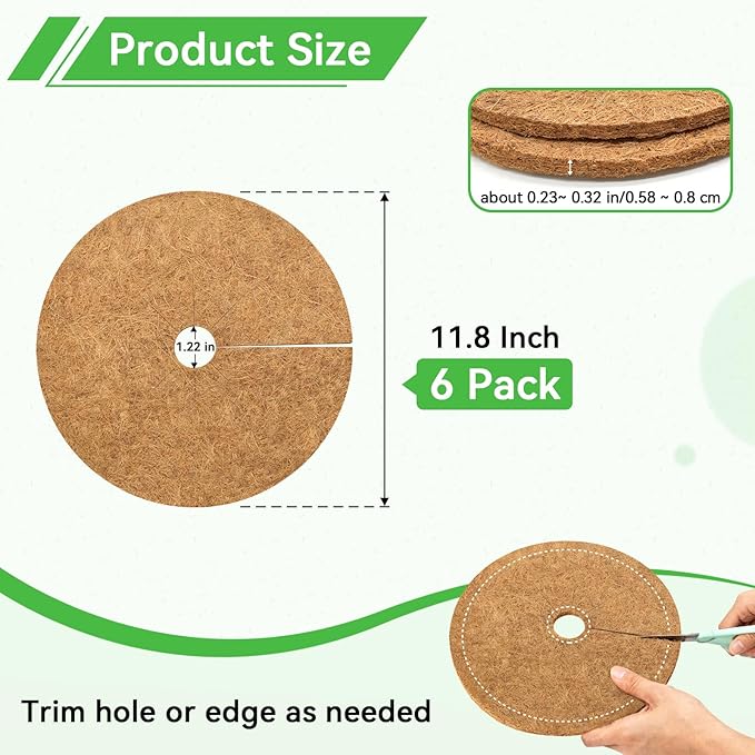 ZeeDix 6 Pack Coconut Fiber Mulch Ring, 11.8 Inch Coco Coir Tree Ring Mulch Mat, 100% Natural Tree Protector Mat Plant Cover Ring Coconut Coir Discs Tree Mats Mulch Rings for Indoor Outdoor Plants