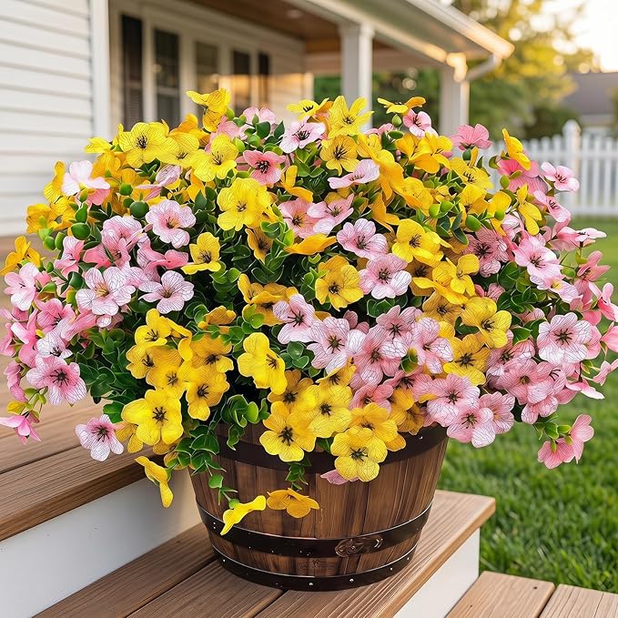 Artificial Flowers for Outdoor Fake Plants for Spring Decoration,Faux Eucalyptus Flowers for Planter UV Resistant Lifelike for Home Porch Garden (Yellow/Pink)
