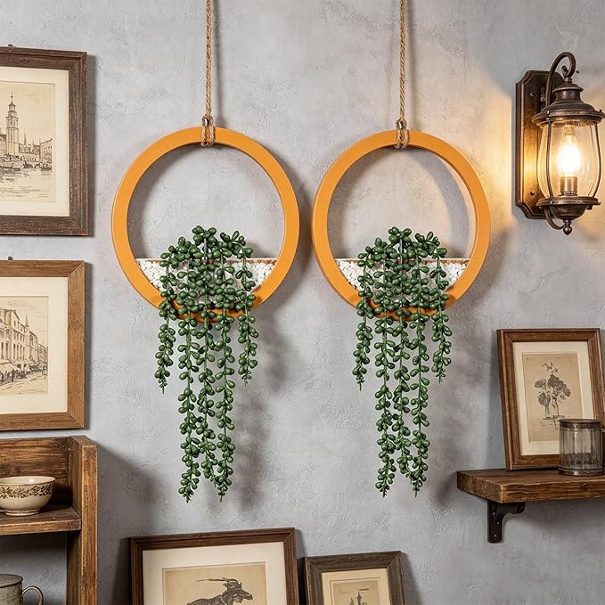 Boho Wall Decor, 2Pcs Fake Hanging Plants Artificial Succulents, Indoor Hanging Planter Greenery Decor, Perfect for Bathroom Living Room Bedroom Office Washroom, Faux Succulent Wall Floating Plants