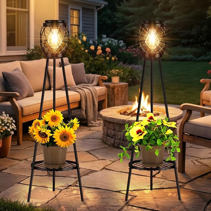 MXwcy Solar Floor Lamp with Plant Stands，Solar Lights Outdoor with Vintage LED Edison Bulbs, Weatherproof Garden Lights for Pathway, Patio, Yard, 8-10 Hours Lighting, IP55 Waterproof