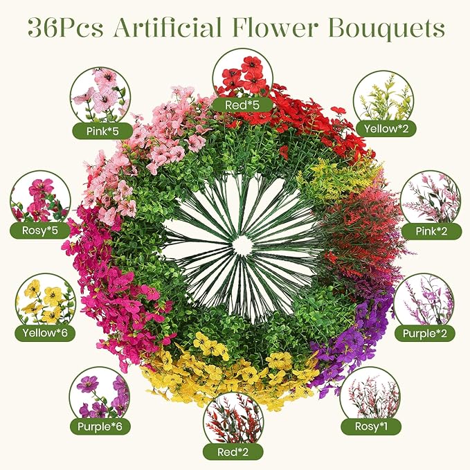 SHareconn 36 Bundles Artificial Flowers for Outdoors Decoration, Faux Plants Fake Silk Colorful Daisy Eucalyptus Lavender, UV Resistant for Outside Home Porch Patio Indoor Spring Decor, Mix 5 Colors