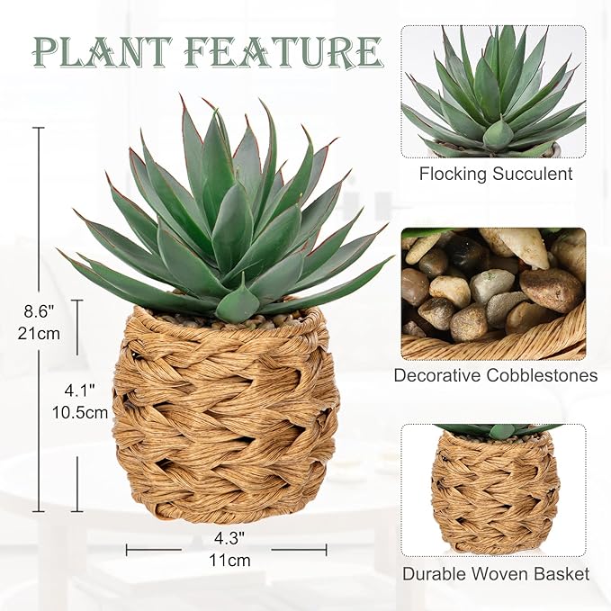 Briful Succulents Plants Artificial for Home Decor, Realistic Potted Fake Agave Plant in Wicker Basket, Cute Aloe Maguey Faux Plant, Shelf Tables Decor, Modern Farmhouse Home Decorations