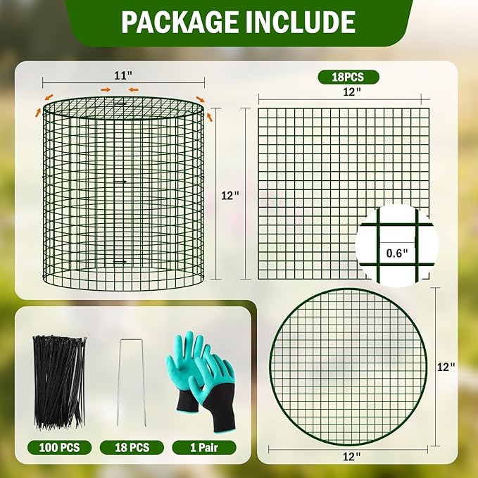 6 Pack Plant Protectors from Animals with Cover, 12" x 12" Round Metal Wire Garden Plant Cages to Keep Animals Out, Rabbit Proof Protection for Vegetables & Flowers with Stakes, Zip Ties & Gloves