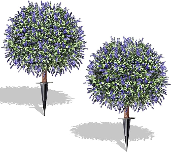 Artificial Lavender Topiary Ball Trees, Set of 2 UV Resistant Fake Evergreen Shrubs Bushes Plants with Ground Spike, 18" Fake Plants for Outdoor Indoor Front Porch Garden