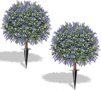 Artificial Lavender Topiary Ball Trees, Set of 2 UV Resistant Fake Evergreen Shrubs Bushes Plants with Ground Spike, 18" Fake Plants for Outdoor Indoor Front Porch Garden