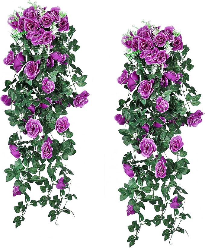 RECUTMS Artificial Hanging Rose Plants Fake Flowers Vines Wall Décor House Garden Patio Front Porch Indoor Decor (Purple)