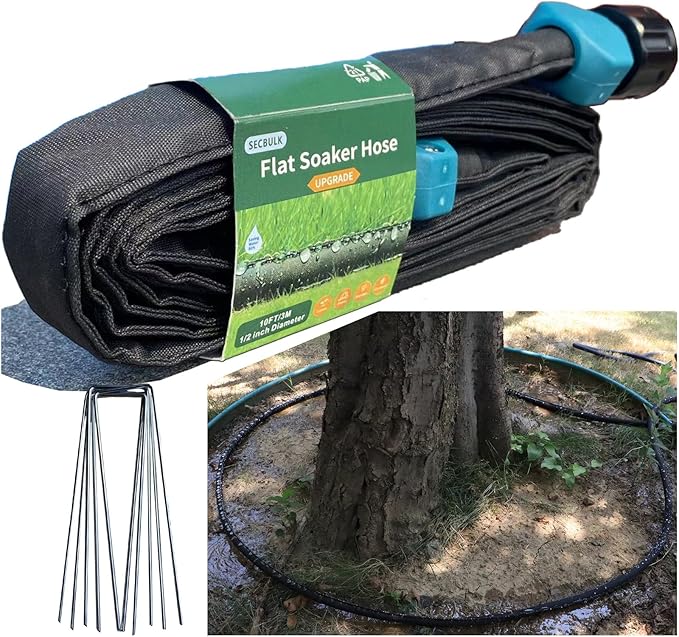 2026 Flat Soaker Hose 10 ft with Stakes for Garden, 10ft Linkable Drip Hose Diy Garden Irrigation System Saving 80% Water, Dual-layer Leak-free Design Water Hose with Holes