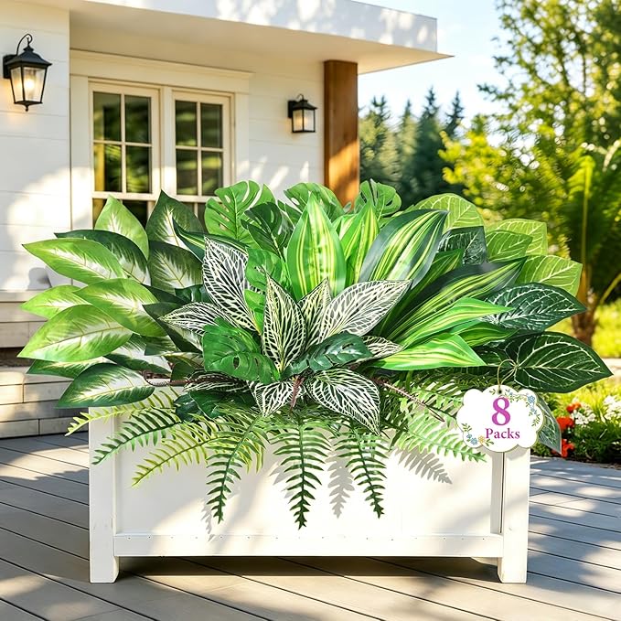 Livole 8 Pcs Artificial Plants Outdoor Faux Plants Fake Greenery Stems with Boston Fern Lavender Morning Glory UV Resistant Artificial Flowers for Outdoors Porch Patio Garden Spring Summer Home Decor