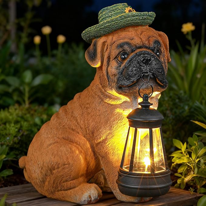 Solar Dog Outdoor Garden Statue with Lantern, French Bulldog Figurine with LED Lights, Lawn Decor for Patio, Yard Ornament, Unique Mother's Day Birthday Gift for Women Mom Gardener