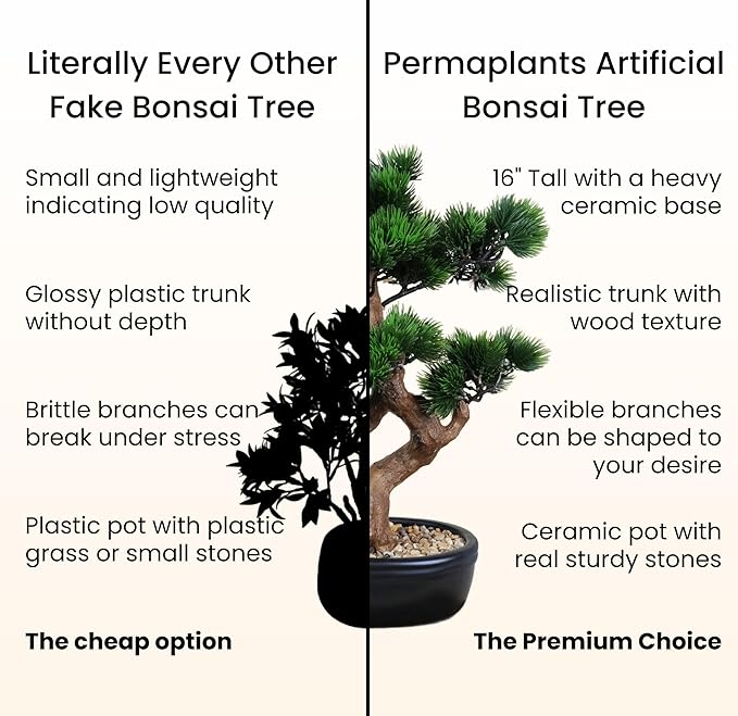 Artificial Bonsai Tree 16" Tall with Realistic Wood and Ceramic Pot, Fake Plants for Home, Bedroom and Office Desk, Japanese Decor