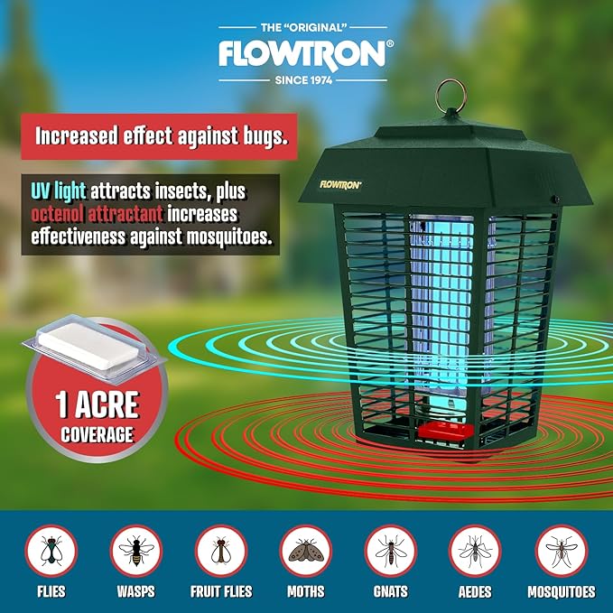 Flowtron Bug Zapper, 1 Acre of Outdoor Coverage with Powerful 40W Bulb & 5600V Instant Killing Grid, Electric Insect, Fly & Mosquito Zapper, Made in The USA - Green Color