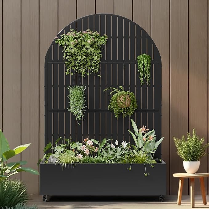 Casaphoria Metal Raised Garden Bed with Trellis and Wheels, 72"x47"x16" Arched Planter Box for Climbing Plants, Vegetables & Vines, Features Drainage Holes and Privacy Screen (Black-Fence)