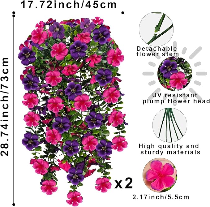 Artificial Geranium Hanging Flowers for Outdoor Decoration, 2 Bundles UV Resistant Silk Geranium Fake Plants Faux Flowers for Front Porch Garden Patio Window Box Decor (Purple, Purple red)