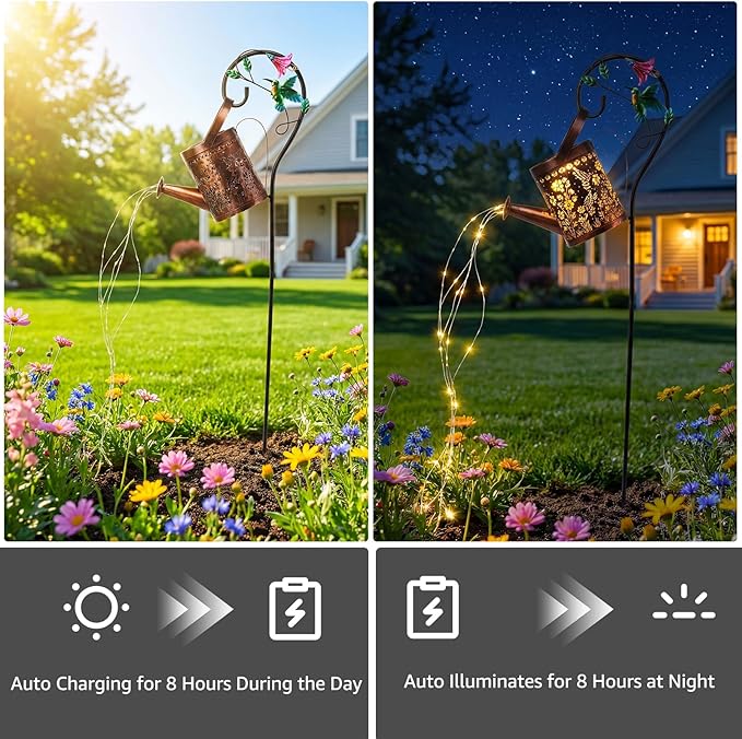 MEBRUDY Solar Garden Decor Lights, IP44 Waterproof Metal Hummingbird Solar Watering_Can Lights Outdoor Decor for Yard Pathway Patio Lawn, Gifts for Women Mom Grandma Birthday