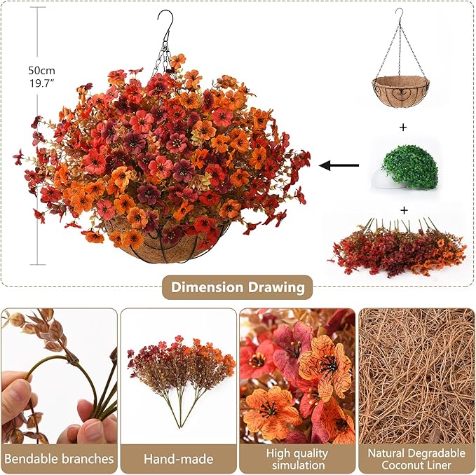 Artificial Fake Fall Hanging Plants Flowers Basket, Faux Silk Daisy in Planter Realistic UV Resistant for Outside Home Patio Balcony Yard Autumn Outdoor Decoration (Orange Brown Red)