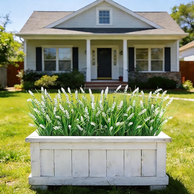 Roberly 24 Bundles Artificial Plants Outdoor, Fake Lavender Flowers UV Resistant Faux Shrubs Plastic Flowers Fake Greenery Plants for Porch Garden Window Box Home Indoor Outdoor Decorations, White