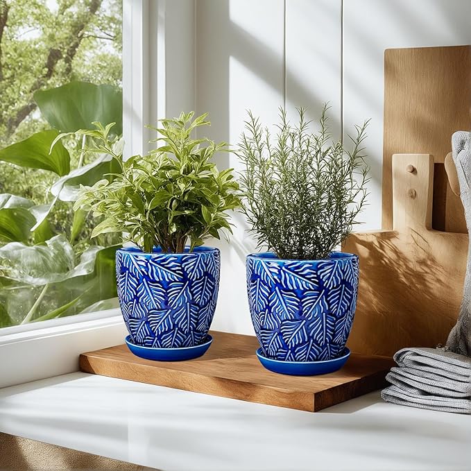 EFISPSS 6 Inch Plant Pots, Ceramic Plant Pots with Drainage Hole and Saucer, Indoor/Outdoor Flower Pots, Set of 2 - Blue