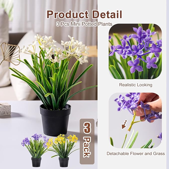 3 Pack Fake Small Plant in Pot Artificial Potted Flowers for Home Decor Fake Flower Plant Greenery Mini Faux Plant for Indoor Bedroom Living Room Office Shelf Bathroom Farmhouse Decor (Type 1)