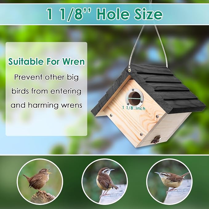 Dreyoo 2 Pack Wren House, 1-1/8'' Entrance Hole Hanging Wooden Wren Bird Houses for Outside with Metal Guard, Air Vents, Pine Wood for Chickadees (Black,Wood Color)