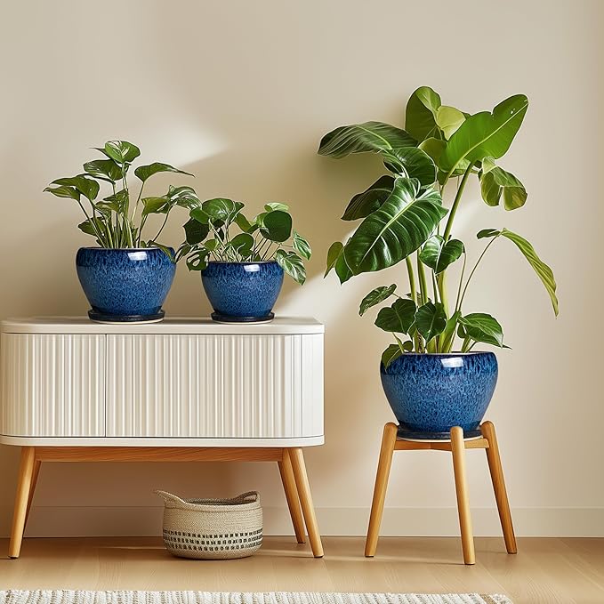 10 Inch Plant Pot - Ceramic Planter with Drainage Hole and Plant Saucer, Round Planter Indoor Outdoor, Modern Planters, Large Flower Pot, Home Room Office Decor, Housewarming Gifts, Blue