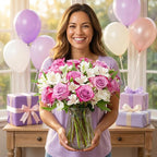 Benchmark Bouquets - Delightful Roses & Alstroemeria (Glass Vase Included) - Fresh Flowers for Delivery - Gift for Graduation, Birthday, Anniversary, Sympathy, Get Well, Congratulations