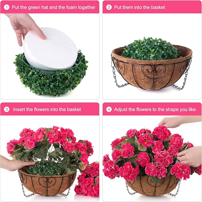 INSPRING Geraniums Artificial Flowers Hanging Basket for Outdoors Outside Spring Decoration, 8 Bundles Silk Flowers Fake Plants Look Real UV Resistant for Porch Home Patio Balcony Yard, Hotpink