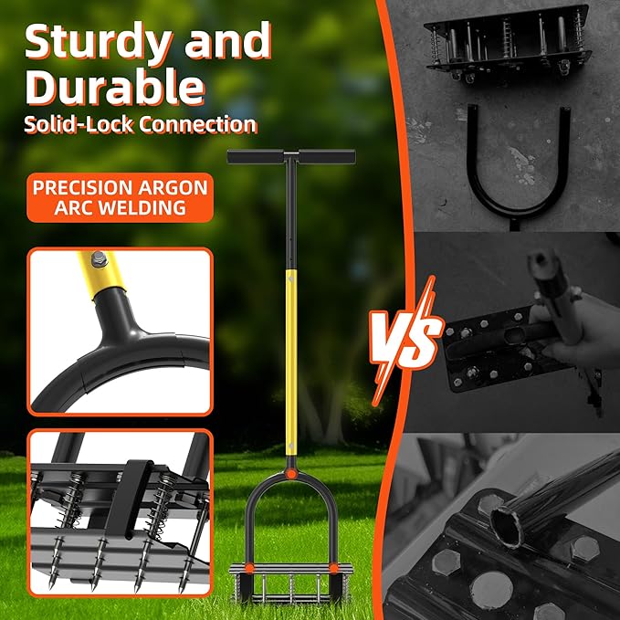 Aerator Lawn Tool - 2-in-1 Reinforced Heavy Duty Manual Lawn Aerator with 15 Spikes, Automatic Dirt and Leaf Clean Design, Adjustable T-Handle (Yellow)