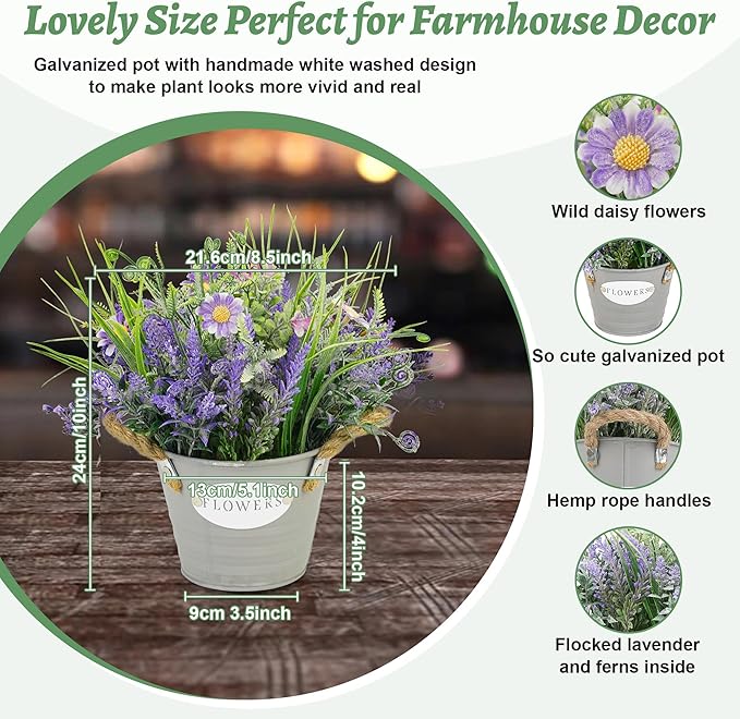 Fake Plants Purple Lavender Flowers in Pot 10" Tall Faux Artificial Potted Plant Greenery for Home Office Patio Coffee Table Farmhouse Aesthetic Bedroom Bathroom Decor
