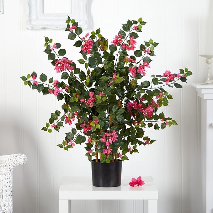 Nearly Natural 42in Artificial Bougainvillea Tree, Faux Flowering Plant With Planter, Indoor Home Office Decor, Low Maintenance, Pink and Green